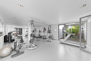 Une salle de sport moderne équipée de divers appareils d’exercice, dotée d’un grand miroir et offrant une vue sur la verdure grâce à une porte vitrée.
