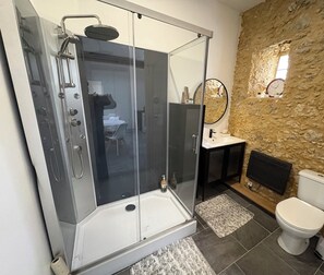 Une salle de bain moderne avec une douche à parois de verre, un lavabo avec un miroir, des toilettes et un mur en pierre.