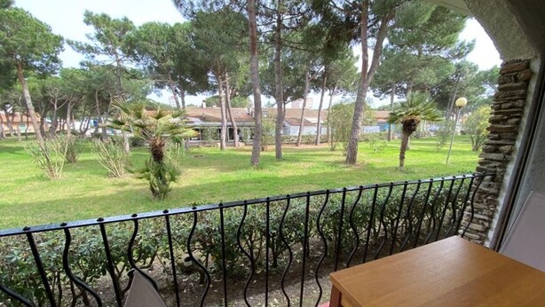 Un balcon donnant sur un espace verdoyant et des arbres.