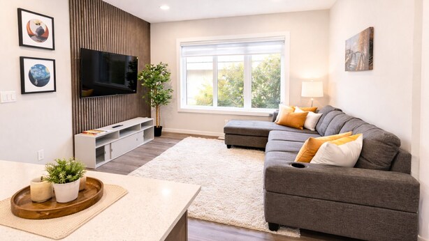 Una sala de estar moderna con un sofá seccional gris, un televisor de pantalla plana montado en un panel de madera, un ventanal con vistas a la vegetación y una mesita con una bandeja de plantas.