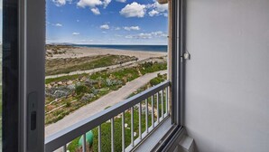 On peut voir, à travers une fenêtre, une plage, un ciel dégagé, un sentier sablonneux et quelques plantes.