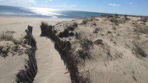 Une plage de sable avec une promenade en bois qui mène à l’eau.