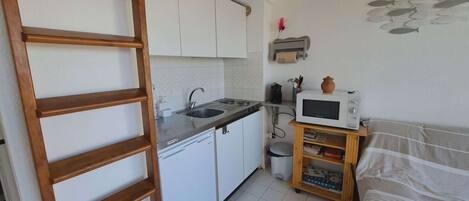 Fridge, microwave, stovetop, coffee/tea maker