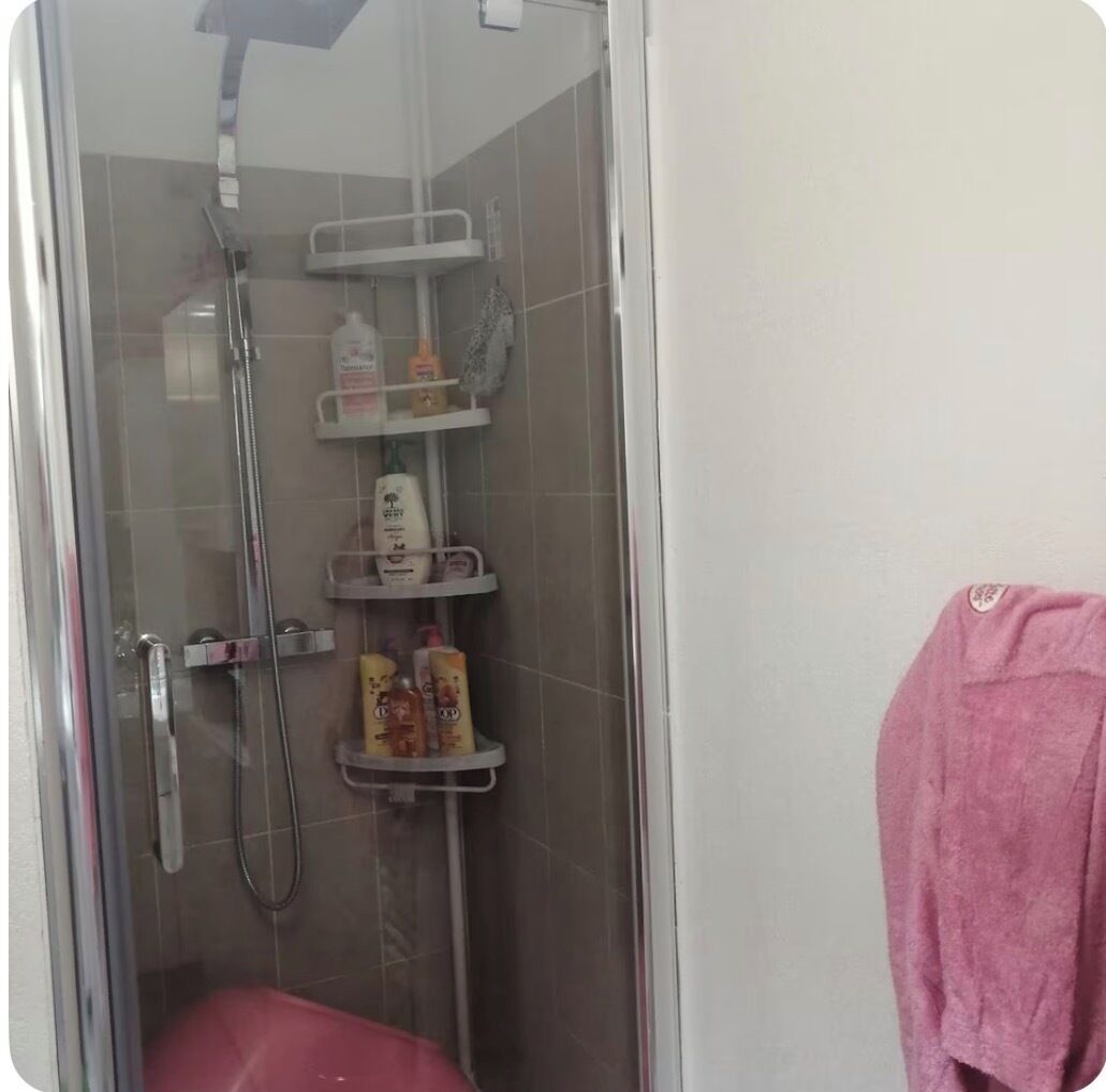 Shower, hair dryer, towels, toilet paper