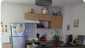 A compact kitchen with a refrigerator, stove, and wooden cabinets. A small trash bin and a potted plant are visible. - Bright private bedroom with desk  (Lyon)