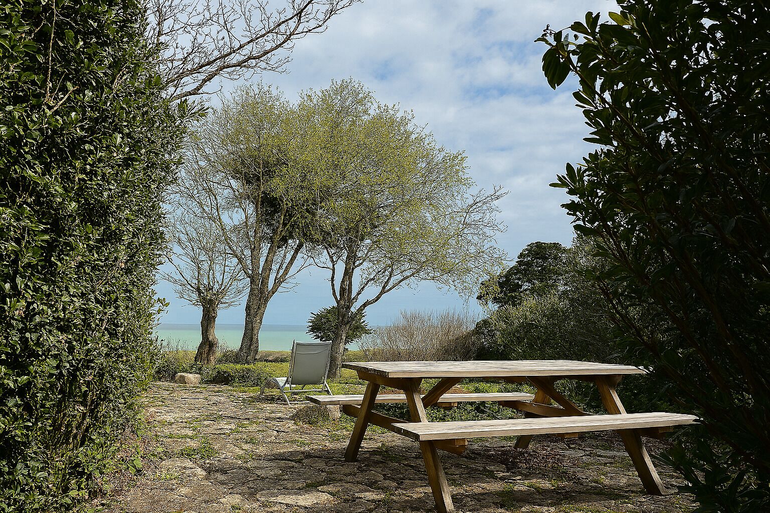 Une table de pique-nique et un banc sont installés dans un espace naturel, au milieu des arbres, avec vue sur la mer.