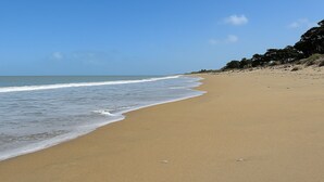 Une vaste plage de sable fin, avec des vagues douces, un ciel dégagé et une végétation clairsemée sur la droite.