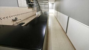 Une longue et étroite salle de bain avec un comptoir noir, un évier et un miroir. Les murs sont recouverts de carreaux et un luminaire est fixé au plafond.