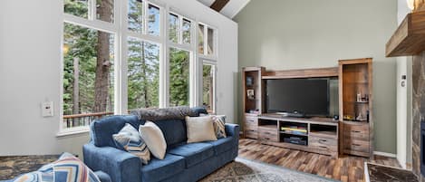 Televisión, chimenea, libros, estéreo