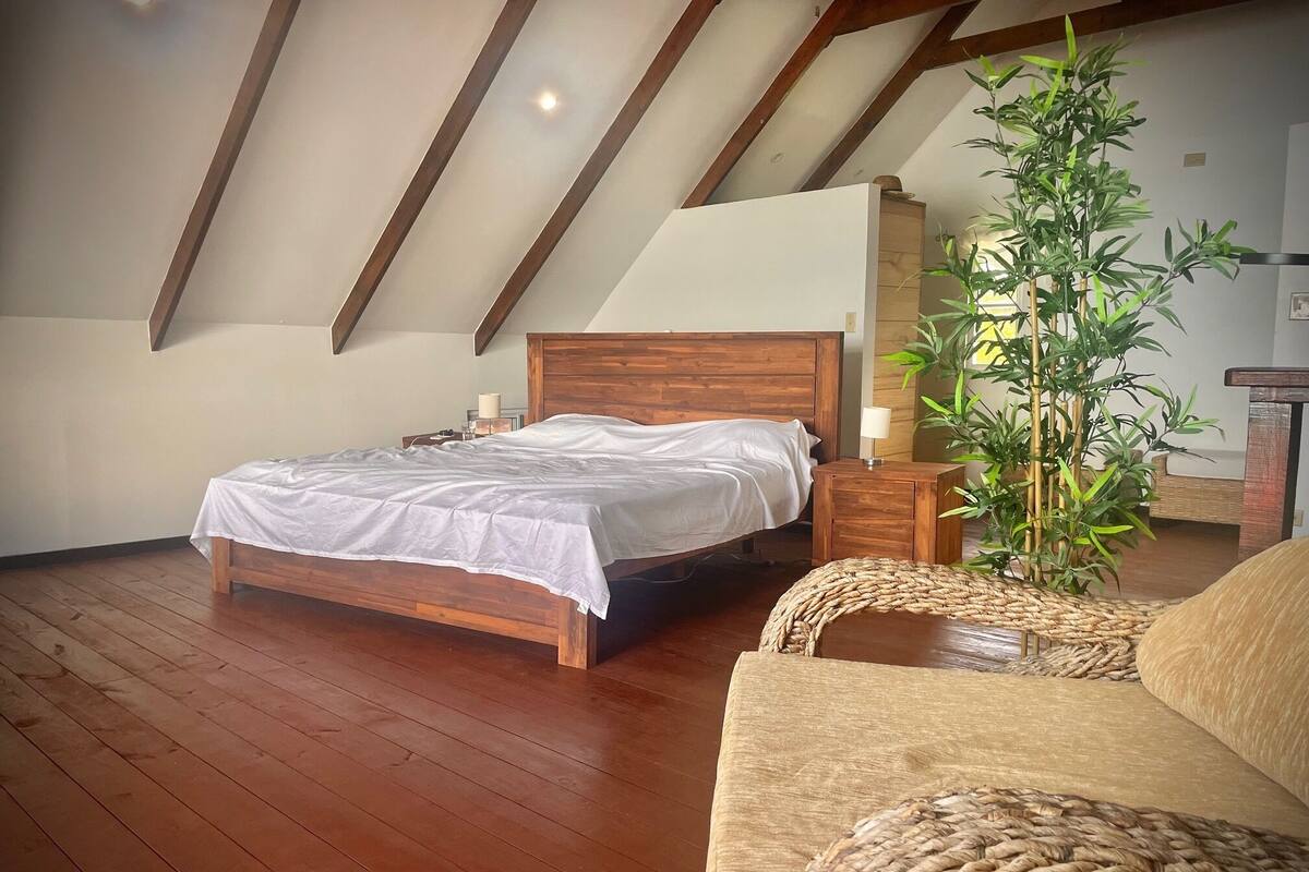 A bedroom with a wooden bed, a bedside table, a lamp, and a large potted plant.