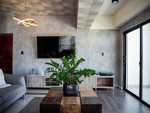 A modern living room with a large flat-screen TV mounted on a concrete wall, a wooden coffee table with a potted plant, and a grey sofa. - Spacious 3-bedroom apartment with AC in peaceful Santo Domingo, Pool and Gym (Santo Domingo)