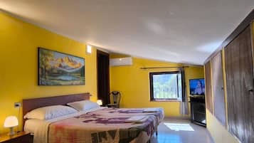 Down comforters, desk, laptop workspace, blackout drapes