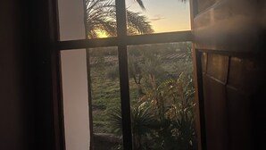 Janela com vista para palmeiras e um pôr do sol.