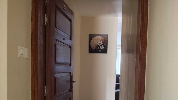 Un couloir avec une porte en bois, un paillasson noir à l’entrée et un tableau accroché au mur.