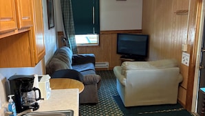 Un intérieur de camping-car compact comprenant un coin cuisine, un canapé, un téléviseur et un revêtement de sol à motifs.