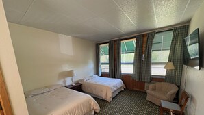 Une chambre d’hôtel avec deux lits, un canapé, une télévision et une moquette à motifs.