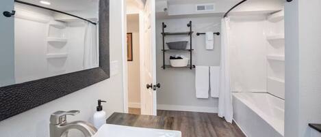 Hair dryer, towels, soap, toilet paper