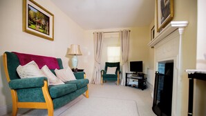 A living room with a green sofa, a lamp, a chair, a fireplace, and a television. - Beautiful 200 year old thatched cottage in the picturesque village of Adare (Adare)