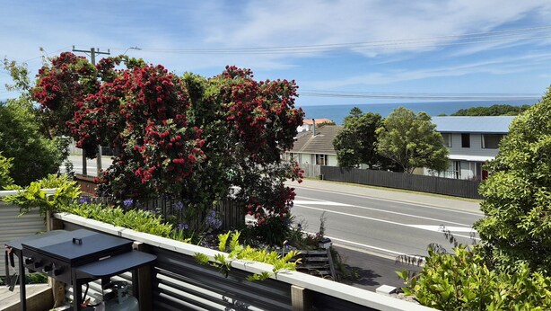 Un balcón con vista a una calle, un edificio con techo azul y un árbol con flores rojas.