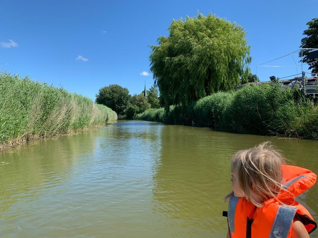 A river with a person wearing a life jacket.