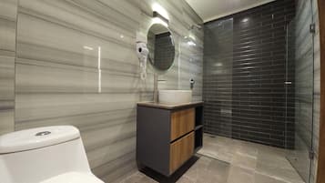 Shower, hair dryer, towels, soap