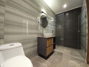 Shower, hair dryer, towels, soap