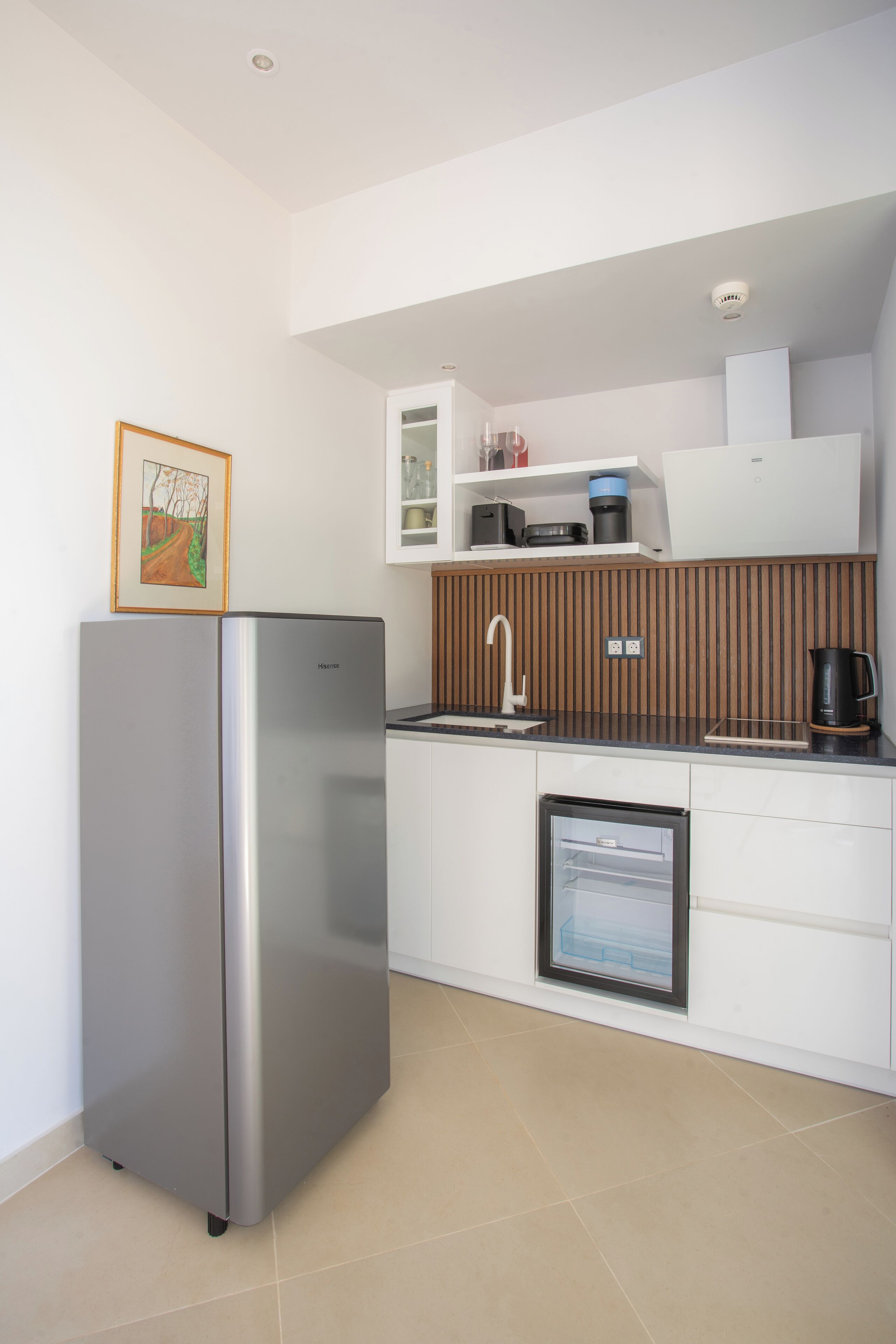 Fridge, stovetop, espresso maker, electric kettle