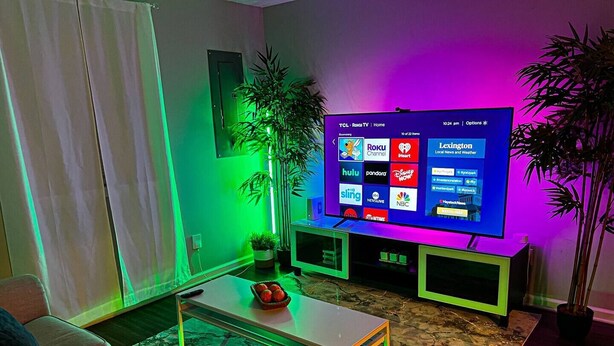 Un salon avec un téléviseur à écran plat diffusant différents services de streaming, un canapé, une table basse et une plante en pot.