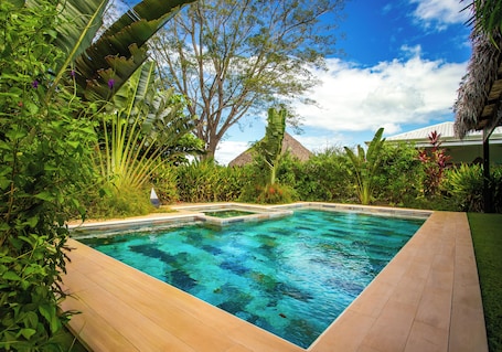 Outdoor pool, open 6:00 AM to 9:00 PM, sun loungers. Evolution