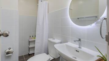 Hair dryer, towels, soap, toilet paper