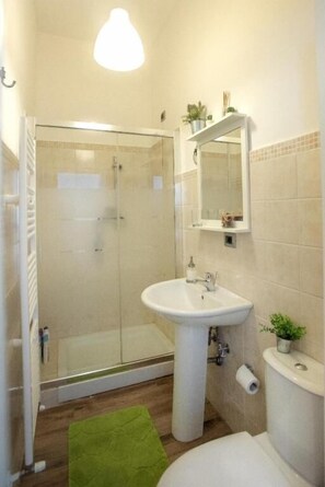 Luksushuone | Kylpyhuone | Suihku, hiustenkuivaaja, pyyhkeet, saippua