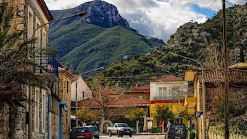A street view with buildings, parked cars, and a mountain in the background.