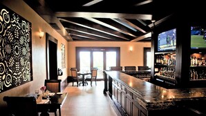A bar area with a long counter, seating, and a television screen. - 3-bedroom house in delightful Cabo San Lucas, AMAZING 1 week option (Cabo San Lucas)