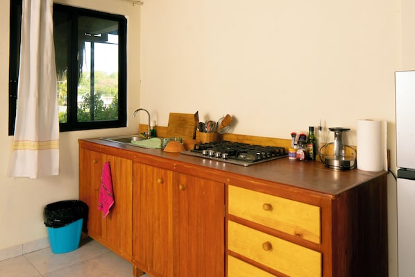 Une cuisine dotée d’un plan de travail en bois, d’une cuisinière à gaz, d’un évier et d’une fenêtre donnant sur un paysage verdoyant.