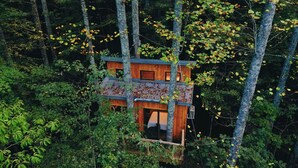 A wooden cabin nestled among trees, with a small balcony and a window.