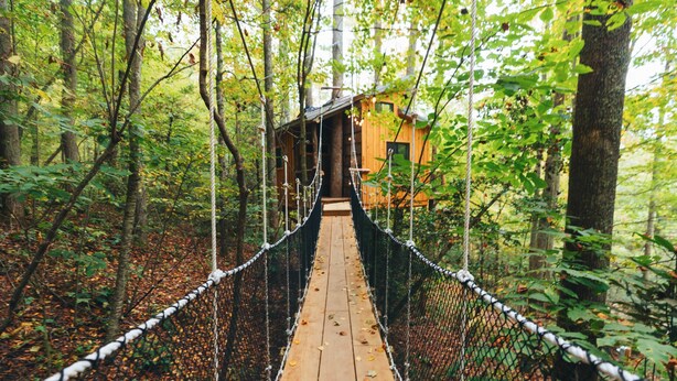 A wooden suspension bridge in a forest with a cabin at the end.
