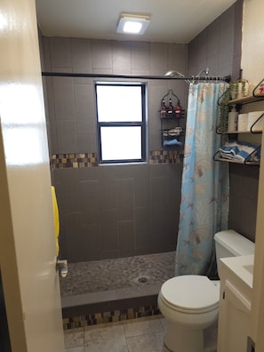 Regadera, toallas, jabón, papel de baño