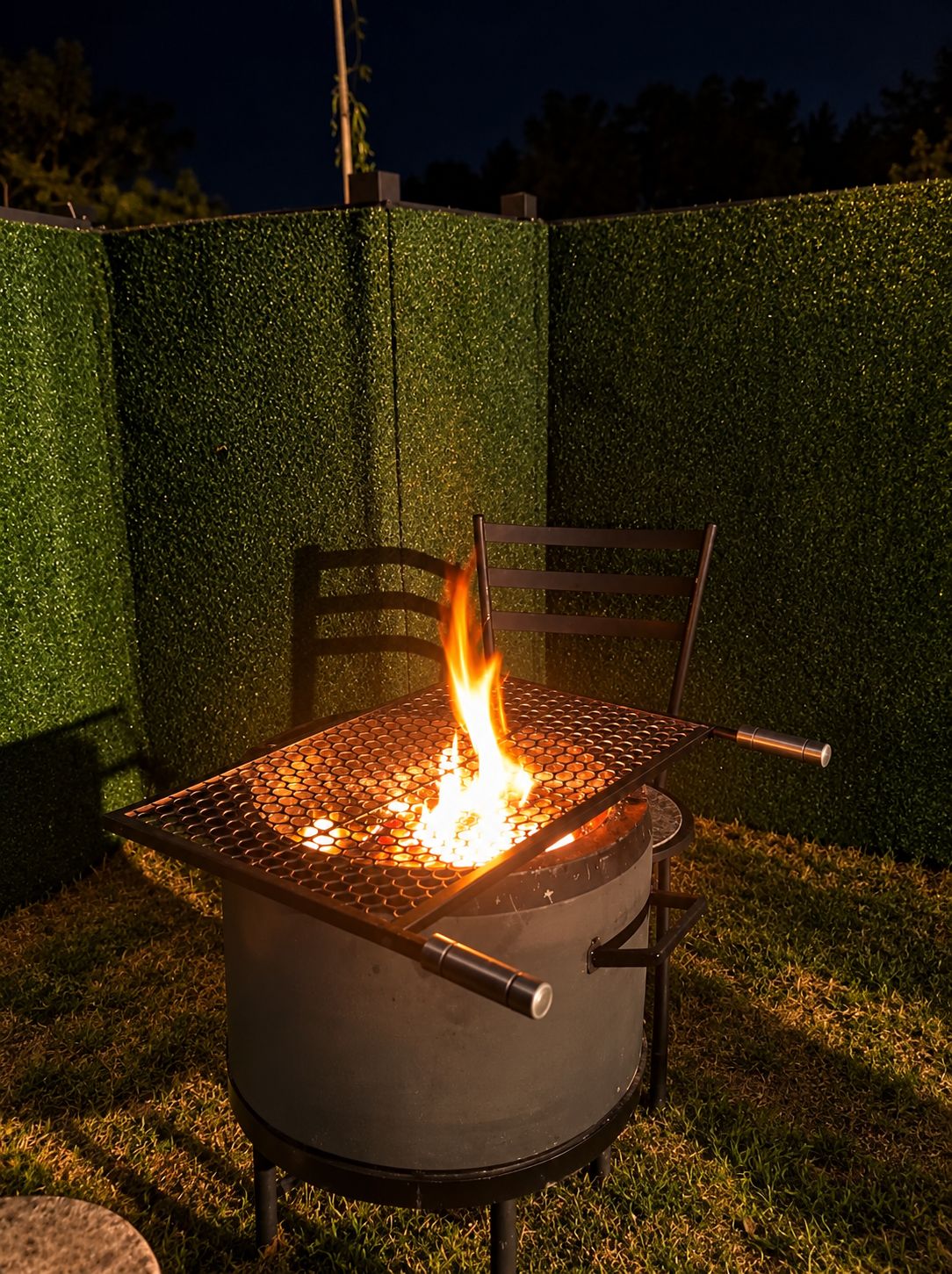A portable outdoor grill with a visible flame, placed on a grassy surface.