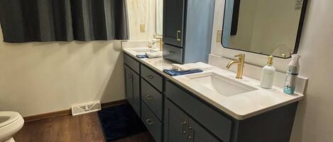 Hair dryer, towels, soap, shampoo