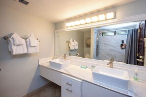 Shower, hair dryer, towels, soap - Oceanfront Suite Amethyst at Sapphire Beach w/WiFi, Generator (St Thomas)