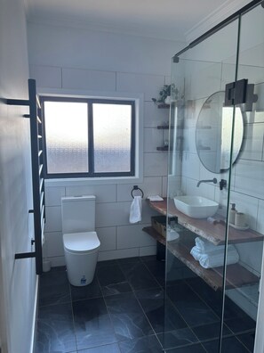 Ducha, secador de pelo, toallas, jabón