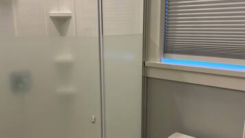 Shower, towels, soap, toilet paper