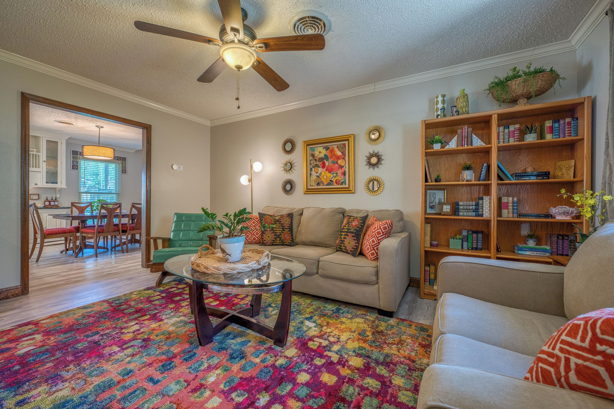 Smart TV, fireplace, books