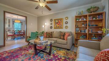 Smart TV, fireplace, books