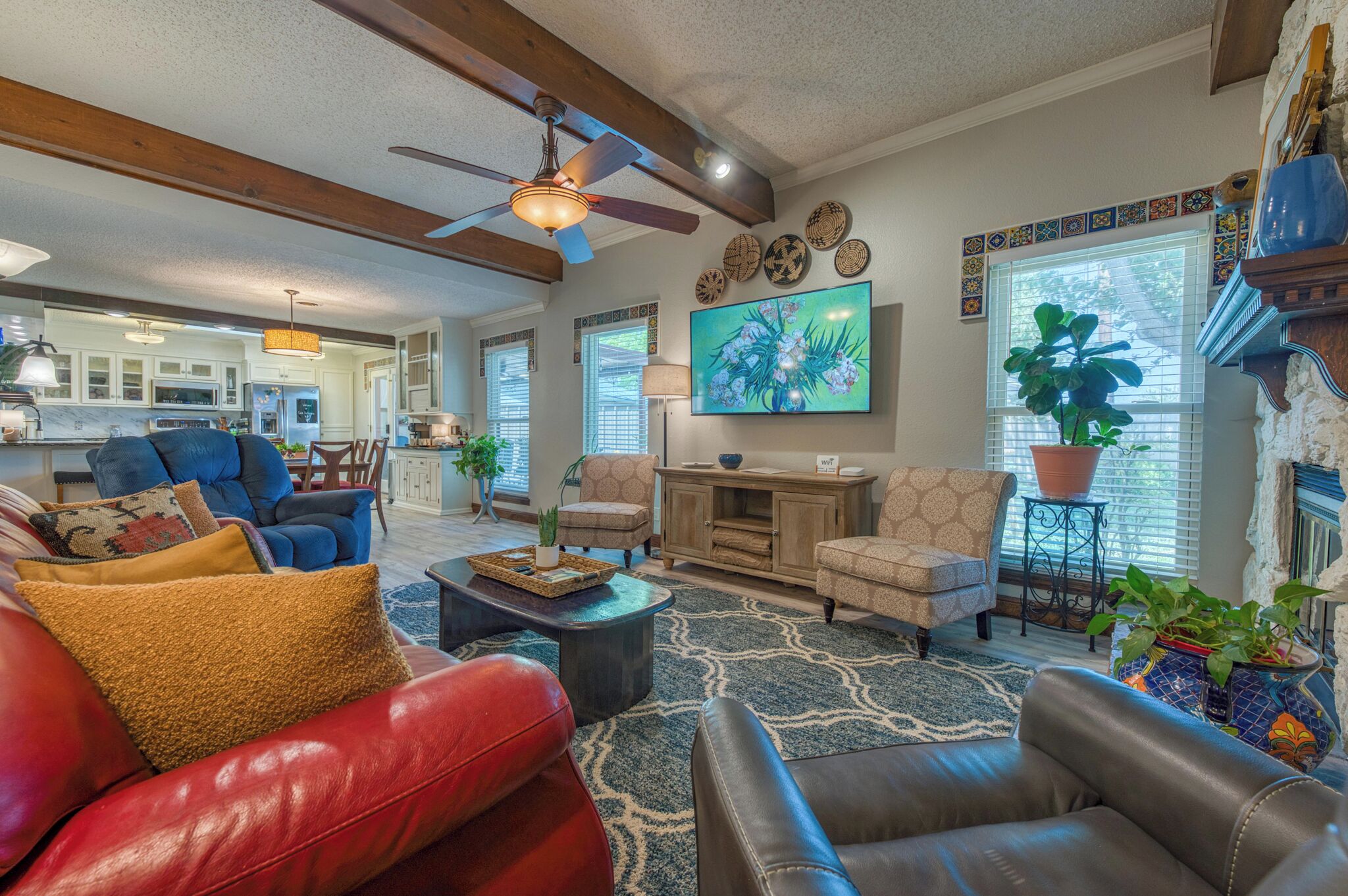 Smart TV, fireplace, books