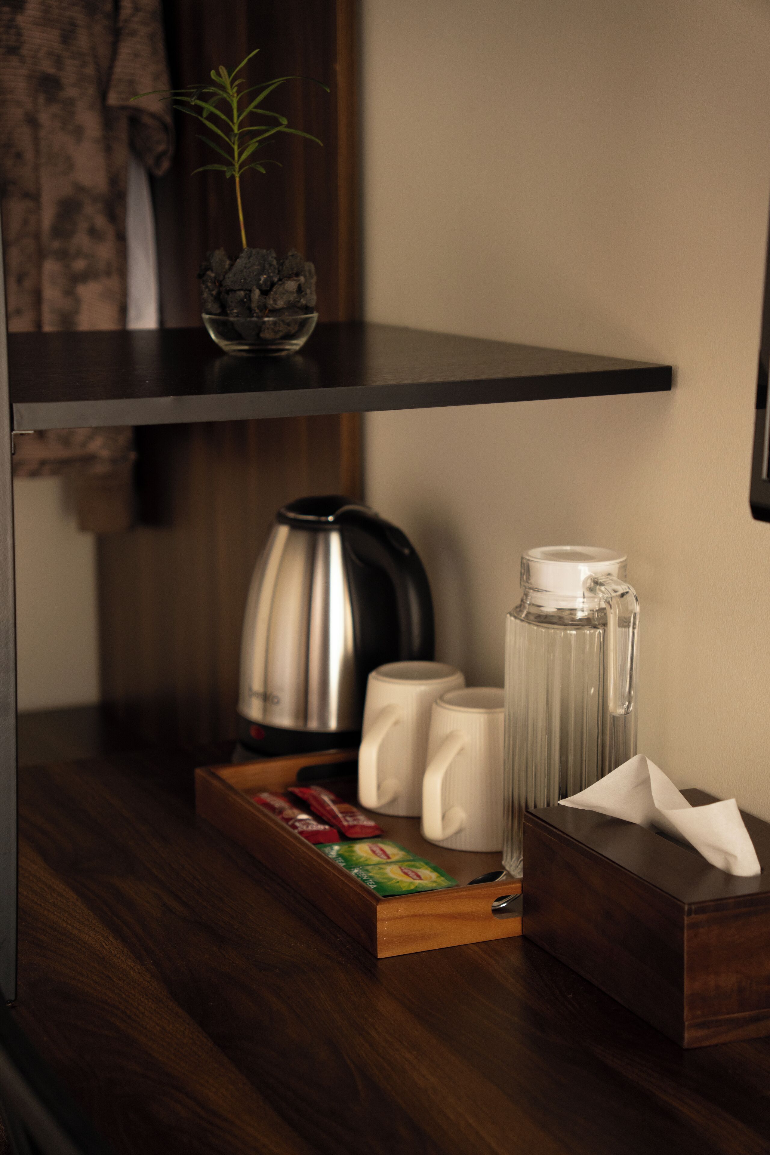 A wooden shelf with a small plant, a kettle, a thermos, and a tissue box.
