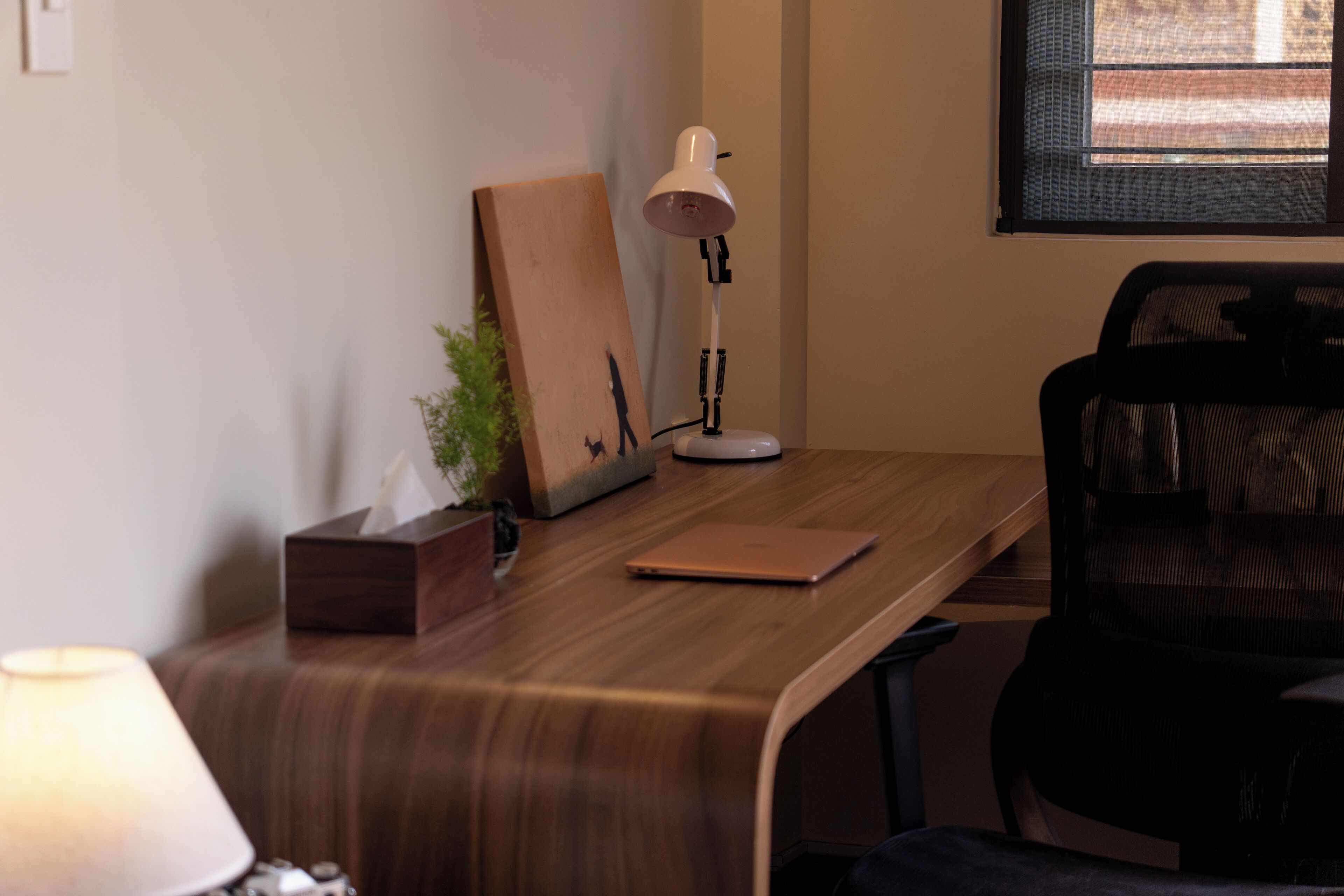 A wooden desk with a laptop, a white desk lamp, a framed picture, and a small plant.