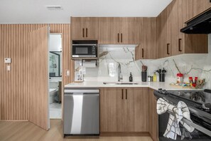 Fridge, microwave, oven, stovetop - Waterfront 1BR Suite | Private & Modern | Queen Bed (Airdrie)