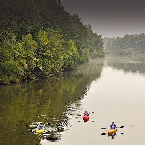 A calm river with kayaks, surrounded by dense forest.