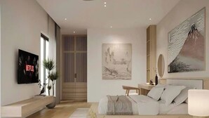 A modern living room with a sofa, a coffee table, and two chairs. There is a TV mounted on the wall and a painting above the sofa. - Thien Truong An Eco Green Valley (Tay Hoa Lu)